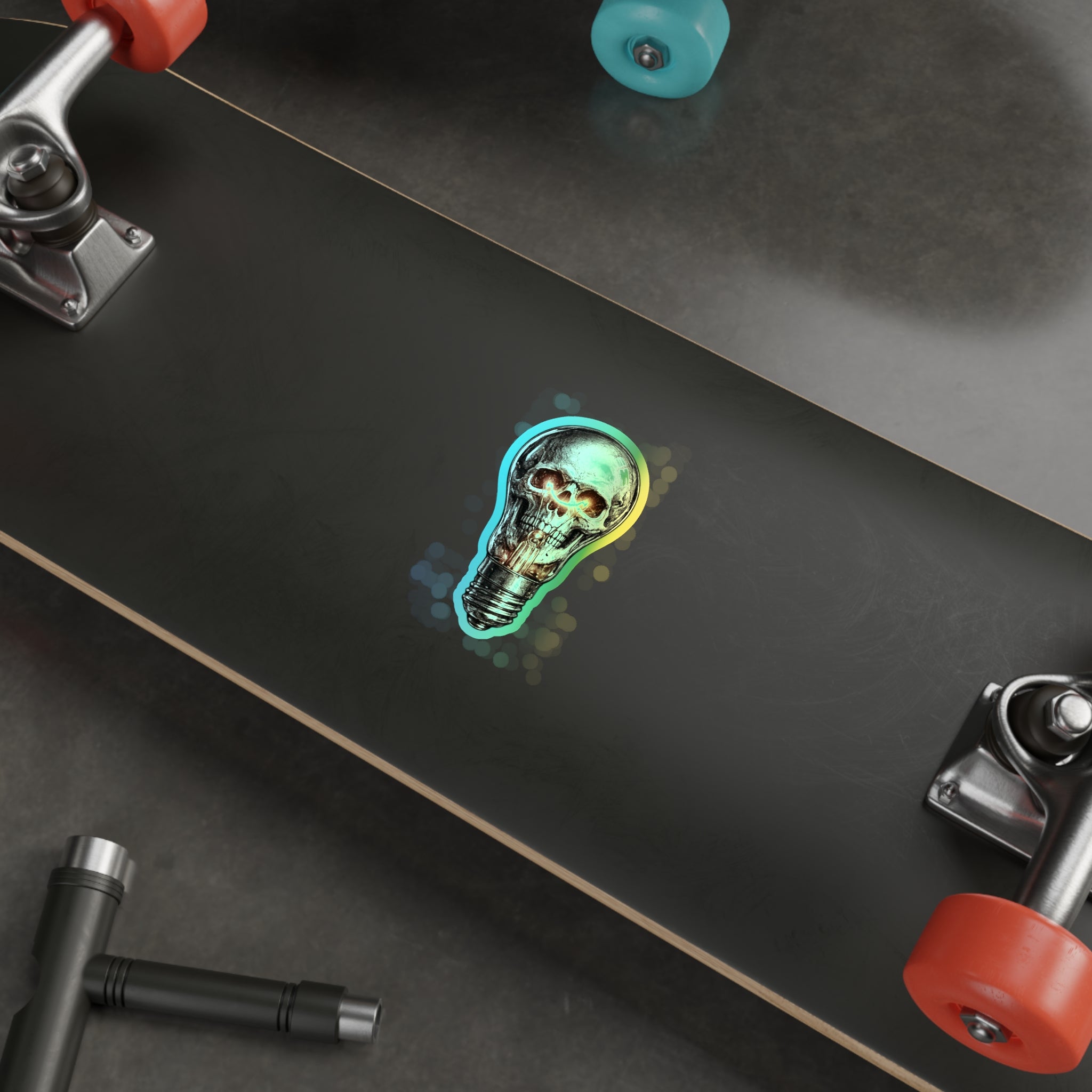 Holographic Skull Lightbulb Sticker — Die-Cut Iridescent Laptop & Skateboard Decal
