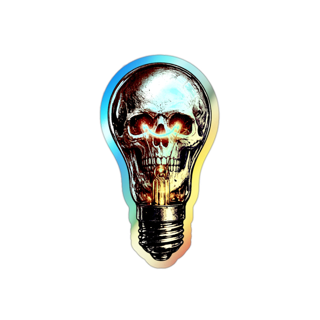 Holographic Skull Lightbulb Sticker — Die-Cut Iridescent Laptop & Skateboard Decal