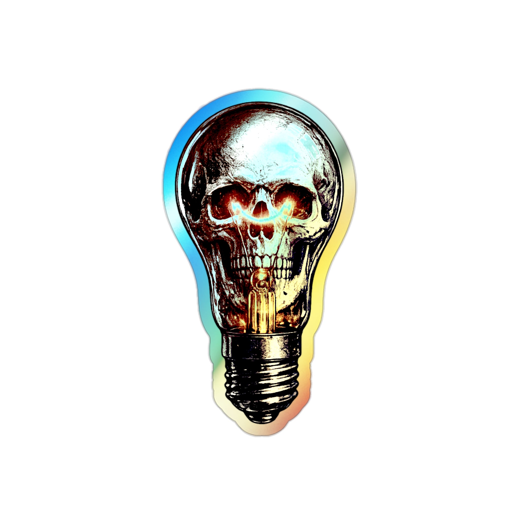 Holographic Skull Lightbulb Sticker — Die-Cut Iridescent Laptop & Skateboard Decal