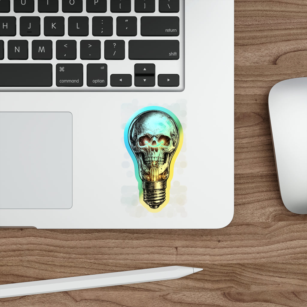 Holographic Skull Lightbulb Sticker — Die-Cut Iridescent Laptop & Skateboard Decal
