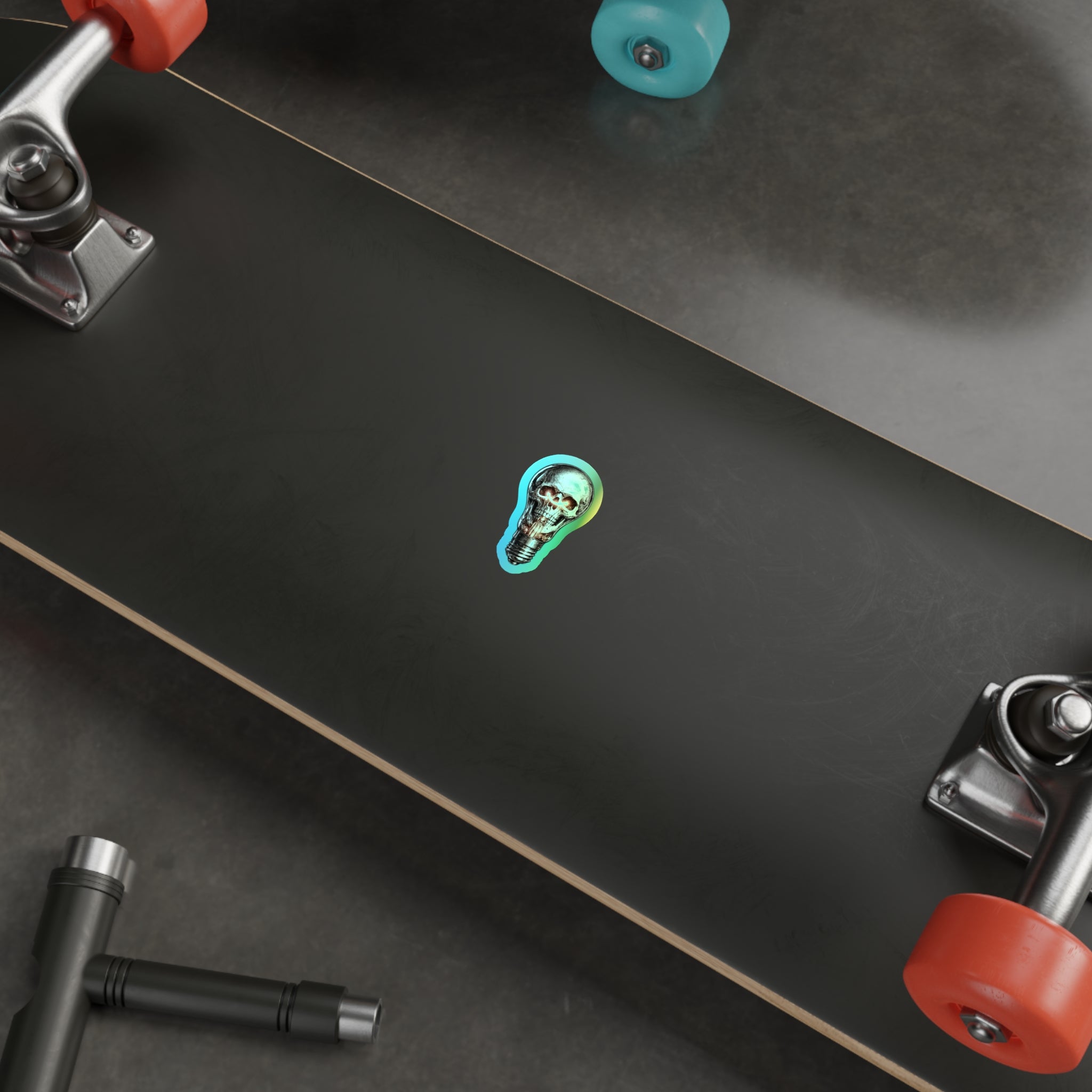 Holographic Skull Lightbulb Sticker — Die-Cut Iridescent Laptop & Skateboard Decal