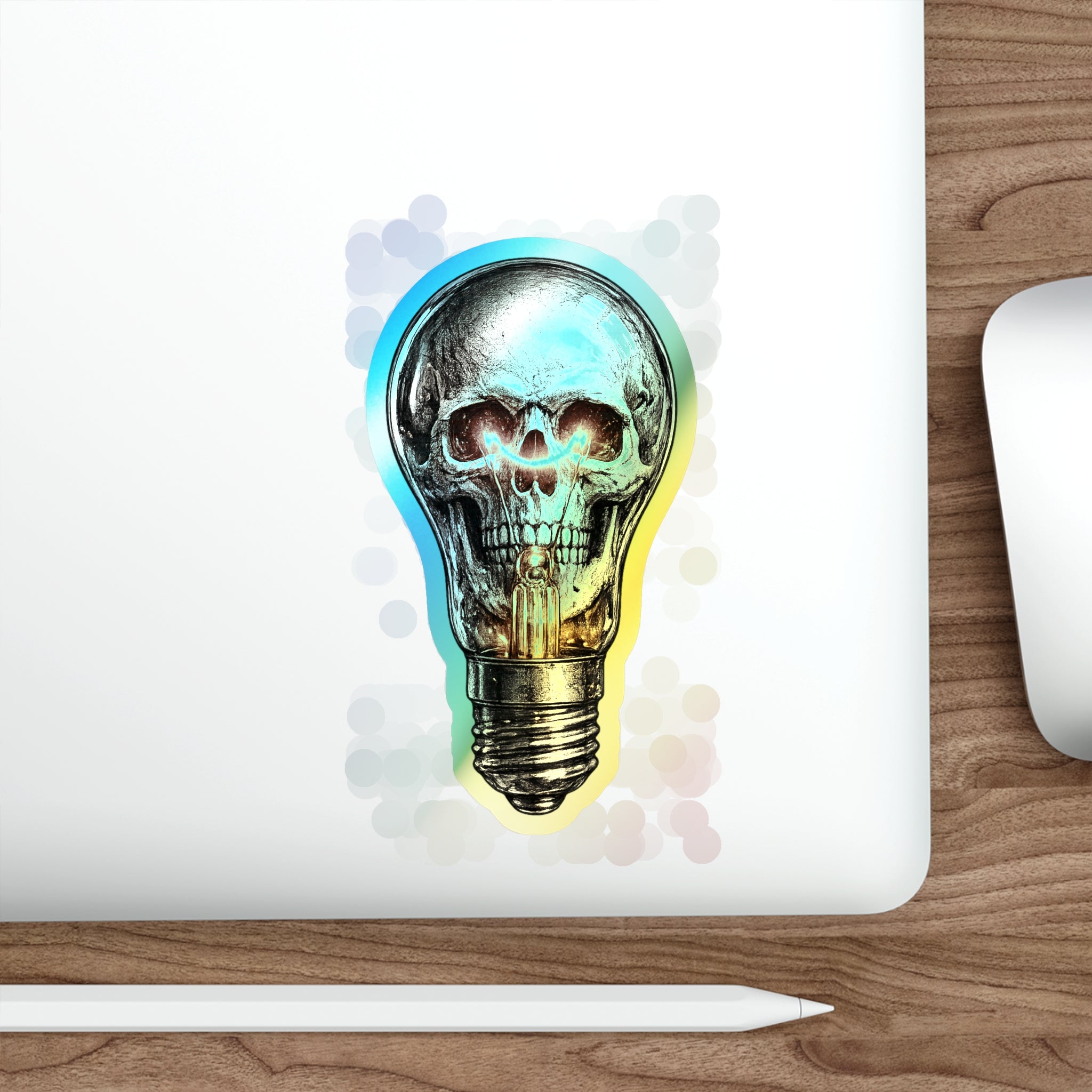 Holographic Skull Lightbulb Sticker — Die-Cut Iridescent Laptop & Skateboard Decal