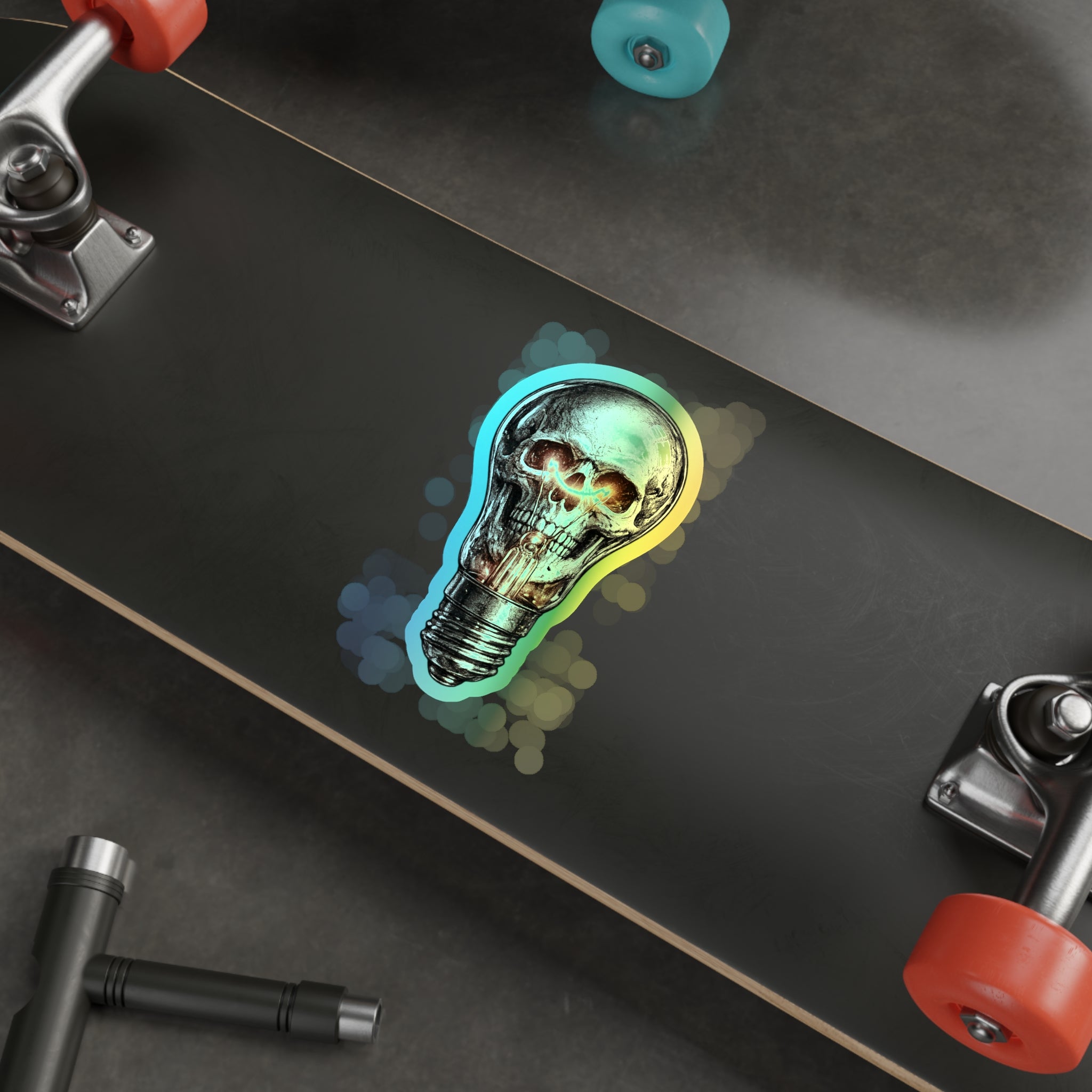 Holographic Skull Lightbulb Sticker — Die-Cut Iridescent Laptop & Skateboard Decal