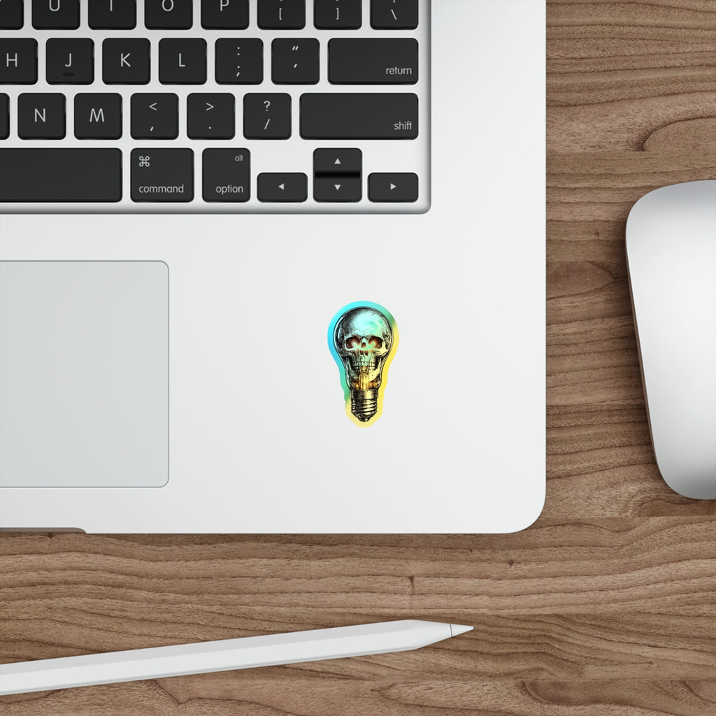 Holographic Skull Lightbulb Sticker — Die-Cut Iridescent Laptop & Skateboard Decal