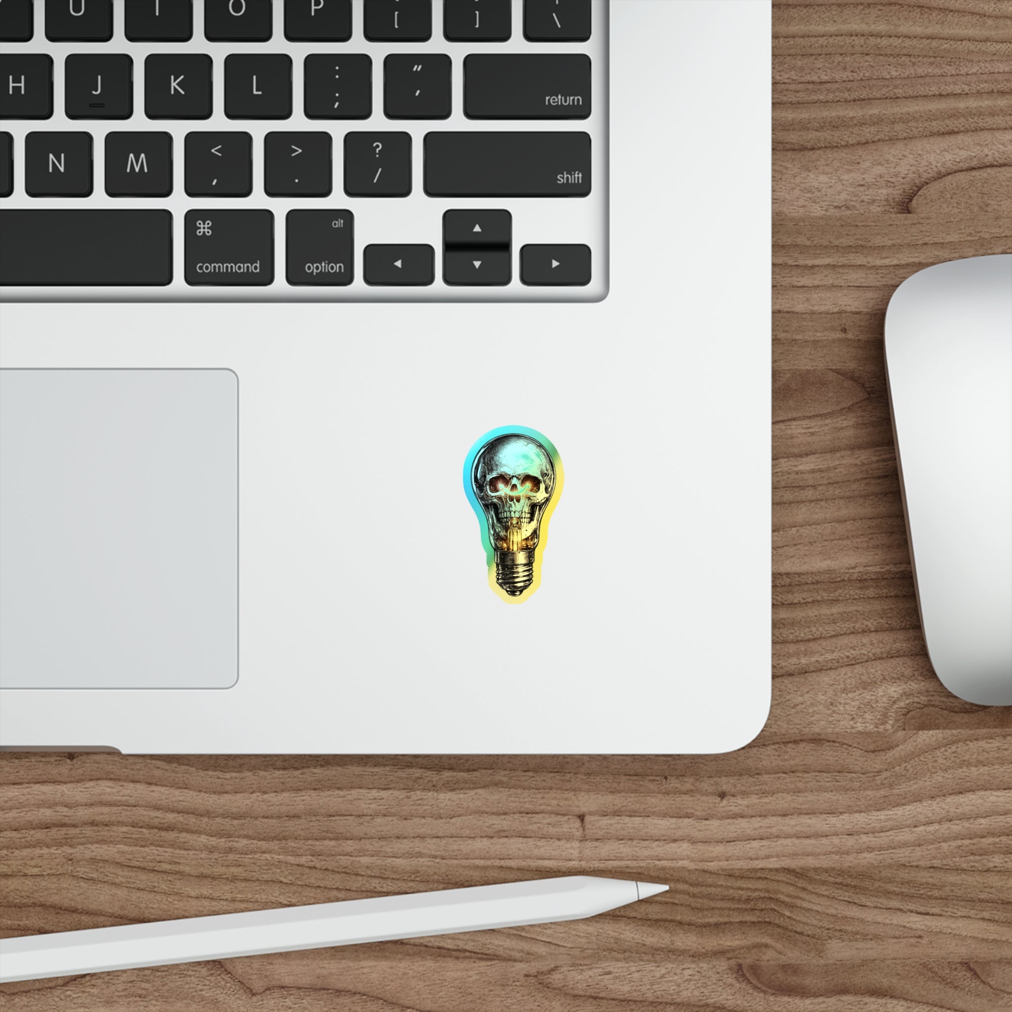 Holographic Skull Lightbulb Sticker — Die-Cut Iridescent Laptop & Skateboard Decal